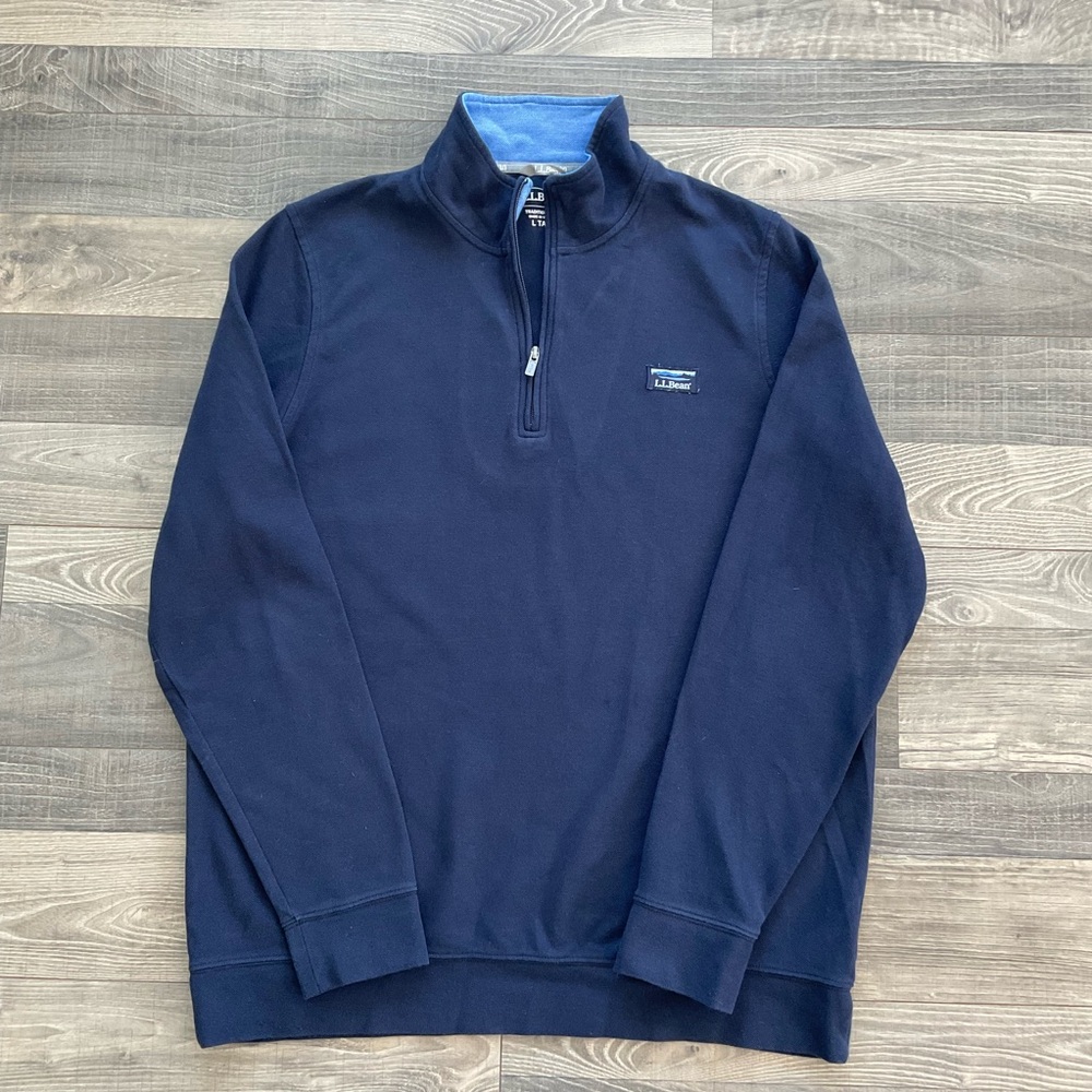 LL Bean Quarter Zip Pullover Men’s LARGE TALL Navy Blue Trad Fit Pique 514037
